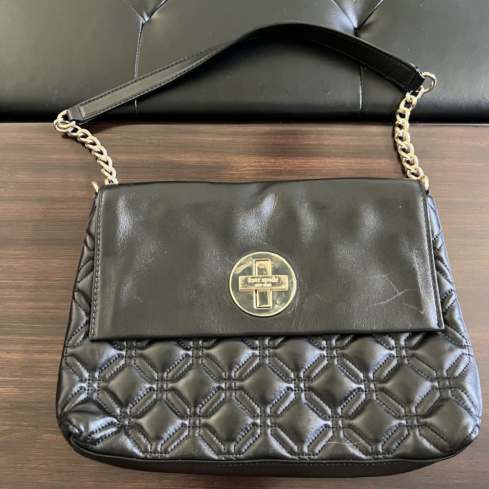 kate spade Black Quilted Shoulder Bag with Gold Logo Plate